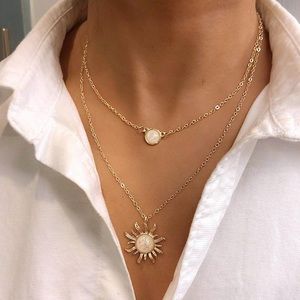 Sunflower and Circle Opal Double Necklace